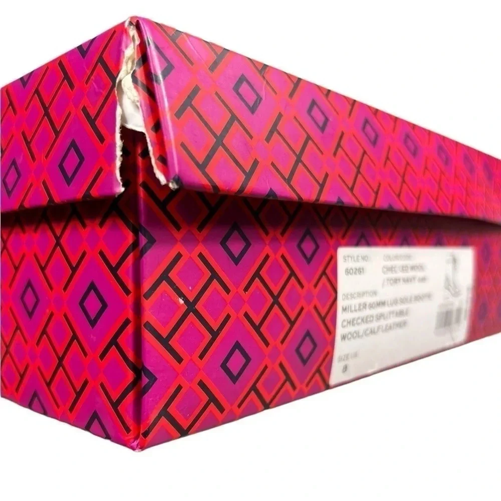 Tory Burch Womens Boots Miller 60MM Checked Wool Calf Leather Navy Size 8